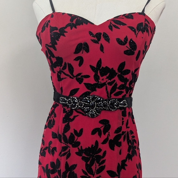 Vintage‎ Y2K City Triangles Whimsigoth Red Burnout Mesh Floral Evening Gown - Picture 3 of 16